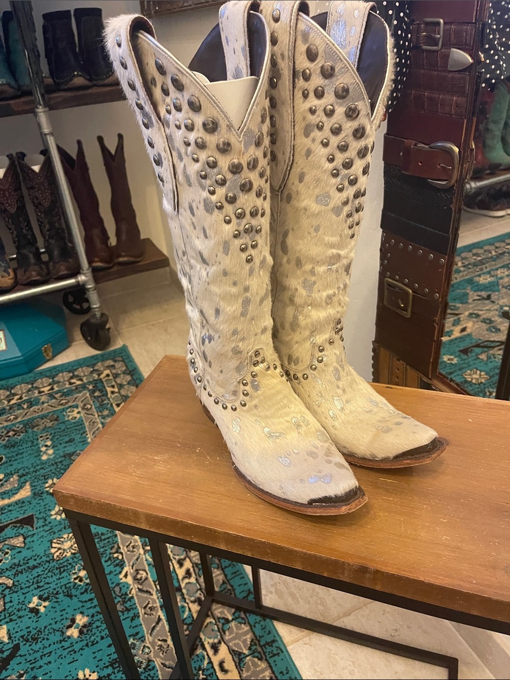 Lane Winter White Wild Hair Studded Lace-Up Cowgirl Boots - Picture 2 of 13